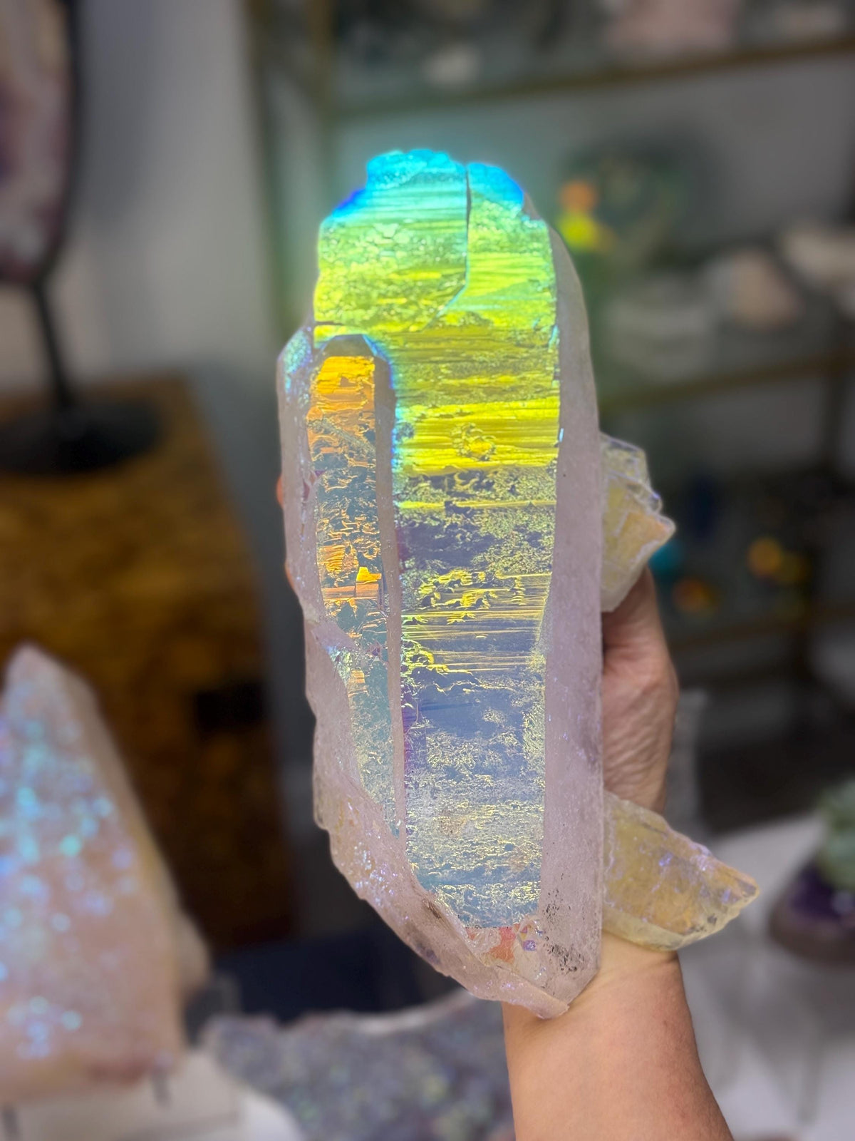 Aura Quartz Shard on Stand, Iridescent Angel Aura Quartz Crystal, Rainbow Quartz Sculpture, Luxury Crystal Decor, Statement Crystal