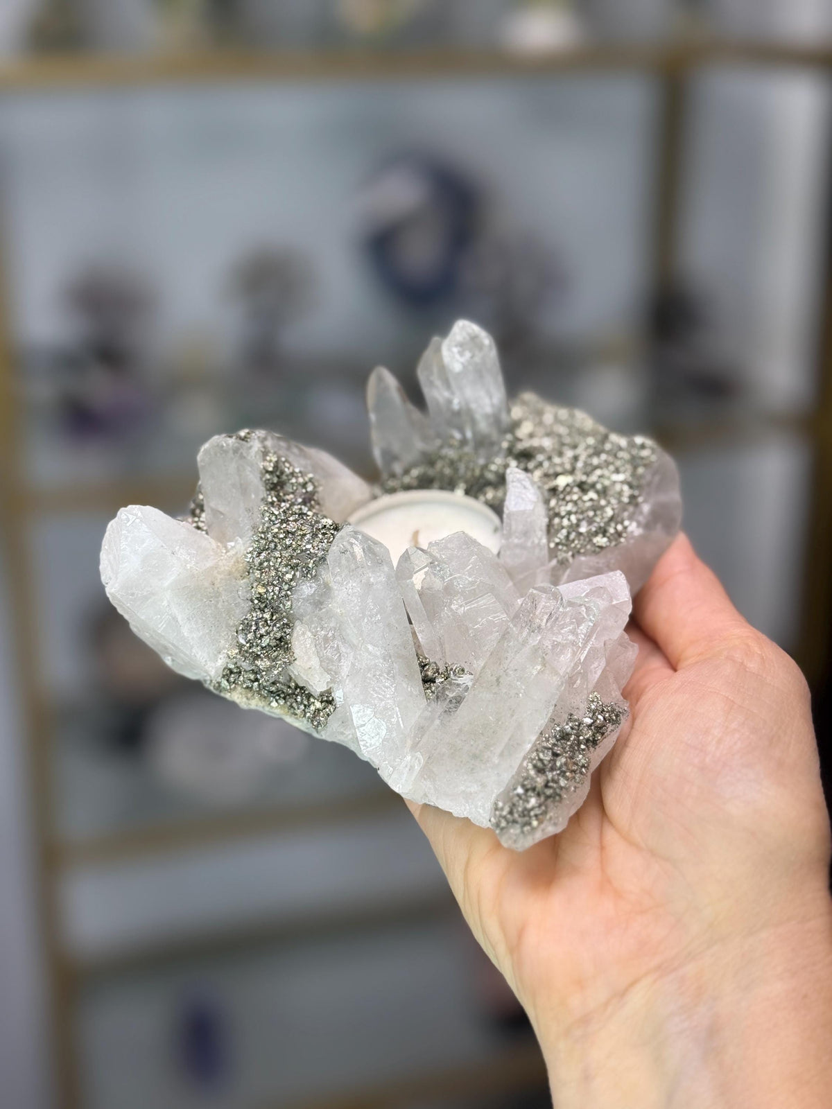Quartz & Pyrite Crystal Candle Holder, Clear Quartz Cluster, Crystal Home Decor, Luxury Candle Holder, One of a Kind Crystal Art