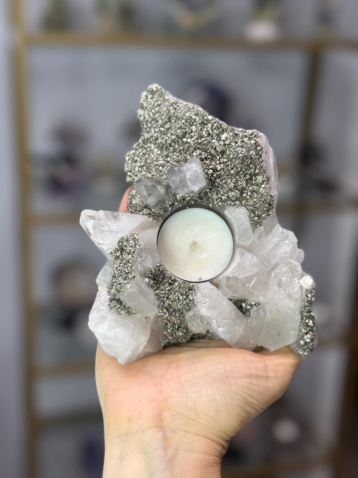 Quartz & Pyrite Crystal Candle Holder, Clear Quartz Cluster, Crystal Home Decor, Luxury Candle Holder, One of a Kind Crystal Art