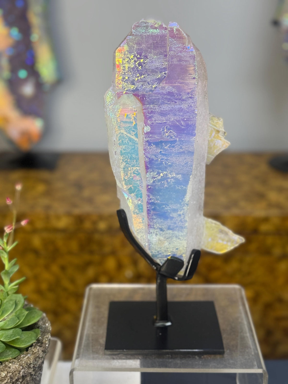 Aura Quartz Shard on Stand, Iridescent Angel Aura Quartz Crystal, Rainbow Quartz Sculpture, Luxury Crystal Decor, Statement Crystal