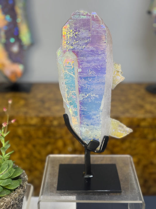 Aura Quartz Shard on Stand, Iridescent Angel Aura Quartz Crystal, Rainbow Quartz Sculpture, Luxury Crystal Decor, Statement Crystal