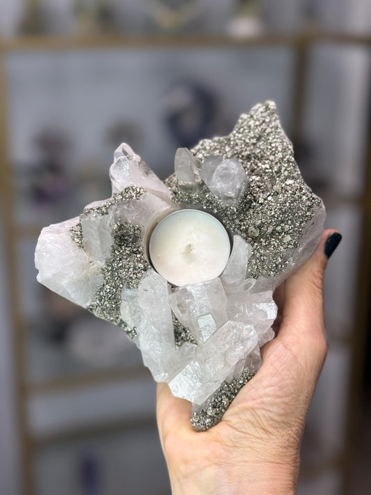 Quartz & Pyrite Crystal Candle Holder, Clear Quartz Cluster, Crystal Home Decor, Luxury Candle Holder, One of a Kind Crystal Art