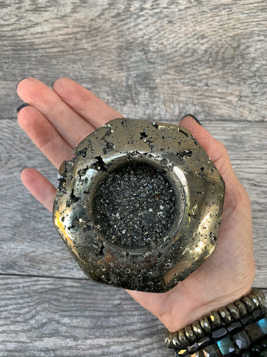 Pyrite Tea Light Holder, Raw Pyrite Candleholder, Octagon Candleholder, Pyrite Carving, Home Accessories, Home Decor, Amethyst, Reiki, Chakr