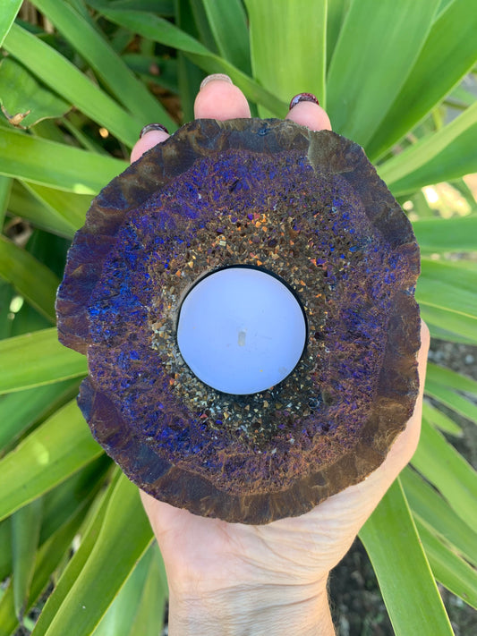 Titanium Aura Candle Holder, Aura Quartz Geode,Home Accessories, Home Decor, Amethyst, Reiki, Chakra, Meditation, Altar