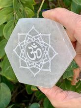 Om Selenite Hexagon, Etched Selenite Om Mandala, Sacred Geometry, Sacred Space, Altar, Metaphysical, Energy Clearing