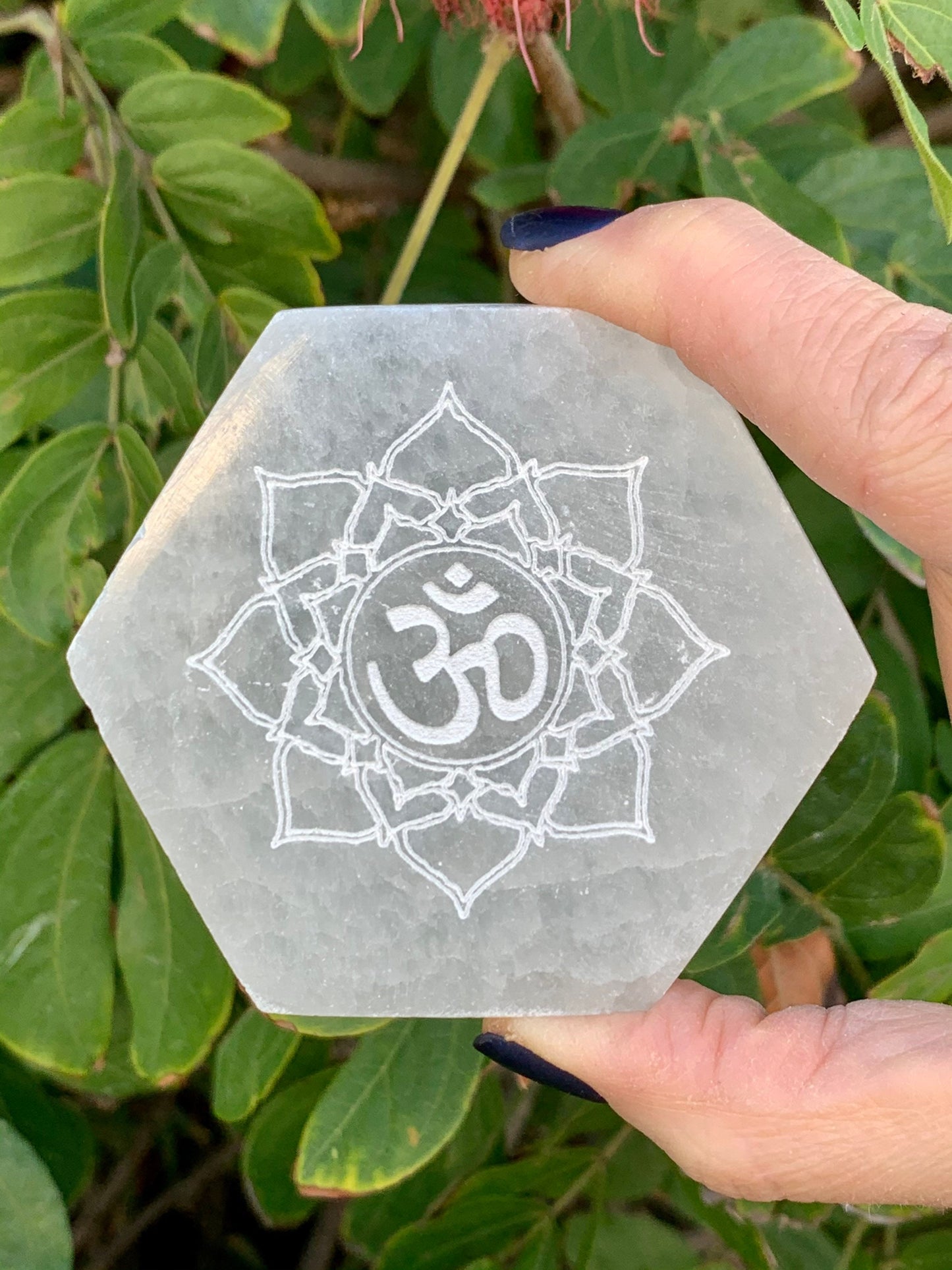 Om Selenite Hexagon, Etched Selenite Om Mandala, Sacred Geometry, Sacred Space, Altar, Metaphysical, Energy Clearing