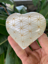 Hand Painted Flower of Life Selenite Heart, Gold Flower of Life, Etched Selenite Sacred Geometry, Energy Clearing, Valentine's Day Gifts