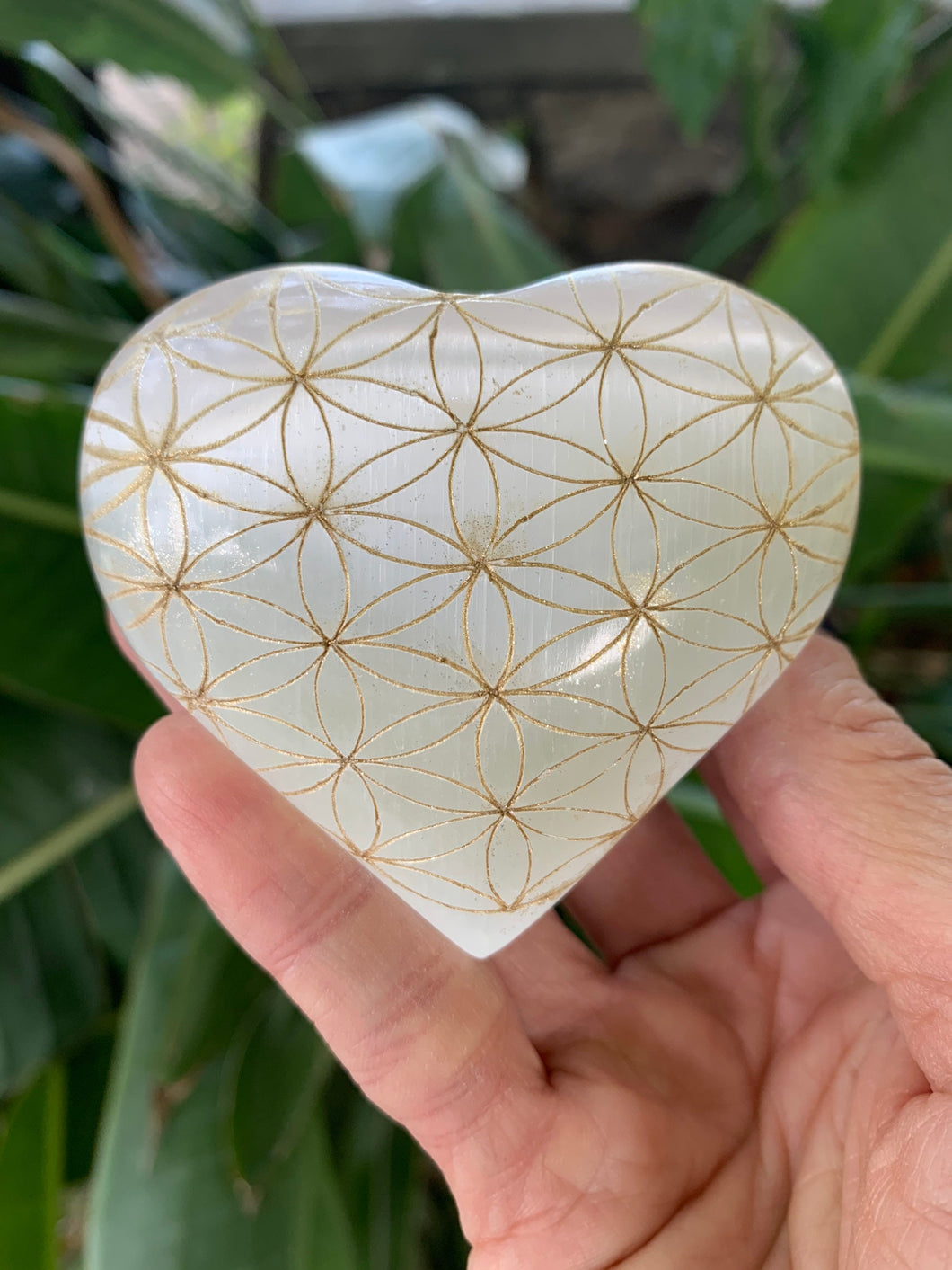 Hand Painted Flower of Life Selenite Heart, Gold Flower of Life, Etched Selenite Sacred Geometry, Energy Clearing, Valentine's Day Gifts