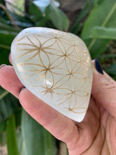 Hand Painted Flower of Life Selenite Heart, Gold Flower of Life, Etched Selenite Sacred Geometry, Energy Clearing, Valentine's Day Gifts