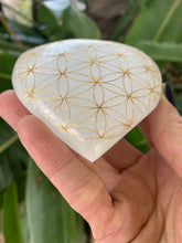 Hand Painted Flower of Life Selenite Heart, Gold Flower of Life, Etched Selenite Sacred Geometry, Energy Clearing, Valentine's Day Gifts