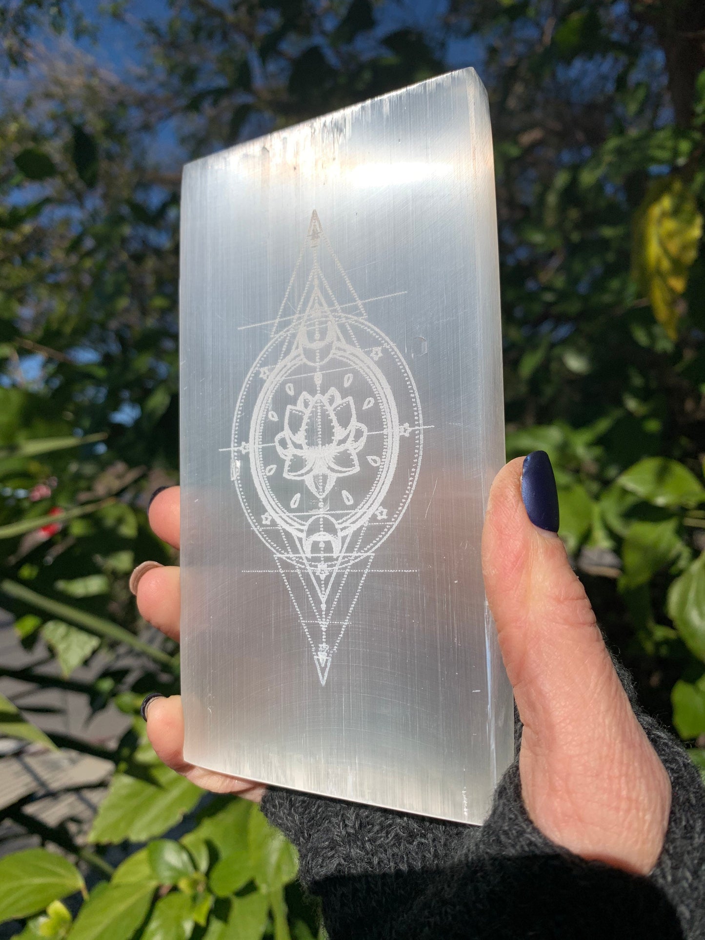 Large Selenite Charging Plate, Etched Selenite Sacred Symbols, Lotus, Crescent Moon, Rectangle Selenite, Energy Clearing