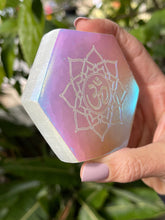 Angel Aura Om Selenite Hexagon, Etched Selenite Om Mandala, Sacred Geometry, Sacred Space, Altar, Metaphysical, Energy Clearing