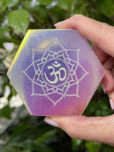 Angel Aura Om Selenite Hexagon, Etched Selenite Om Mandala, Sacred Geometry, Sacred Space, Altar, Metaphysical, Energy Clearing