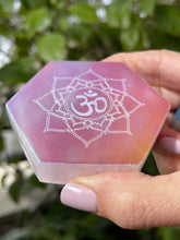 Angel Aura Om Selenite Hexagon, Etched Selenite Om Mandala, Sacred Geometry, Sacred Space, Altar, Metaphysical, Energy Clearing