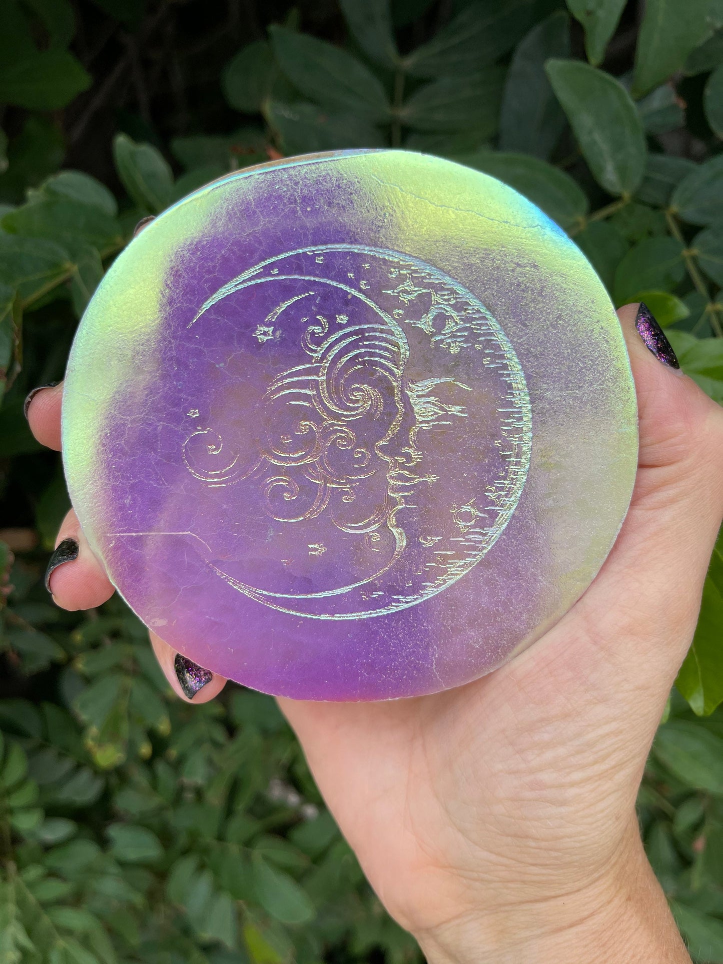 Angel Aura Moon Selenite Charging Plate, Etched Selenite Moon Design, Selenite Disc, Sacred Space, Astrology, Crescent Moon, Energy Clearing