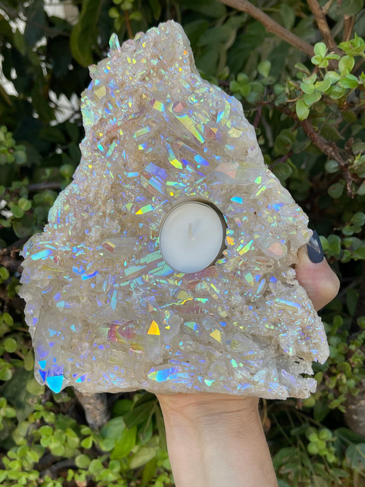 Angel Aura Candle Holder, Aura Quartz Cluster, Quartz Plate,Home Accessories, Home Decor, Quartz, Reiki, Chakra, Meditation, Altar